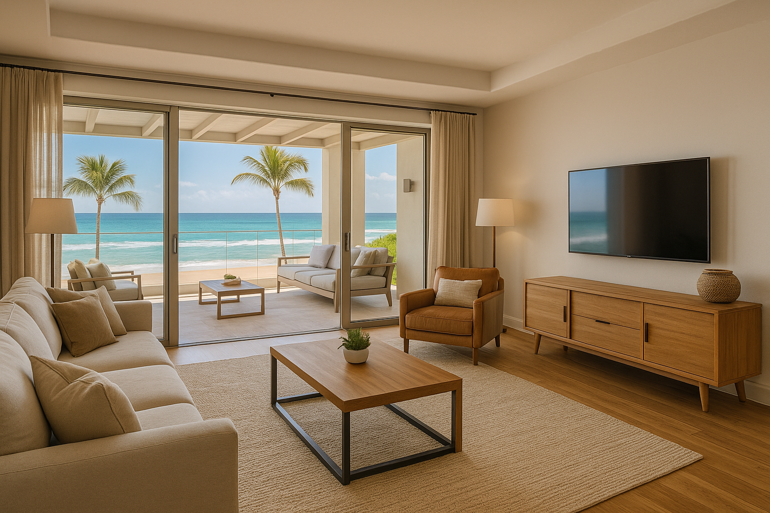 Modern furnished living room with operations overlay